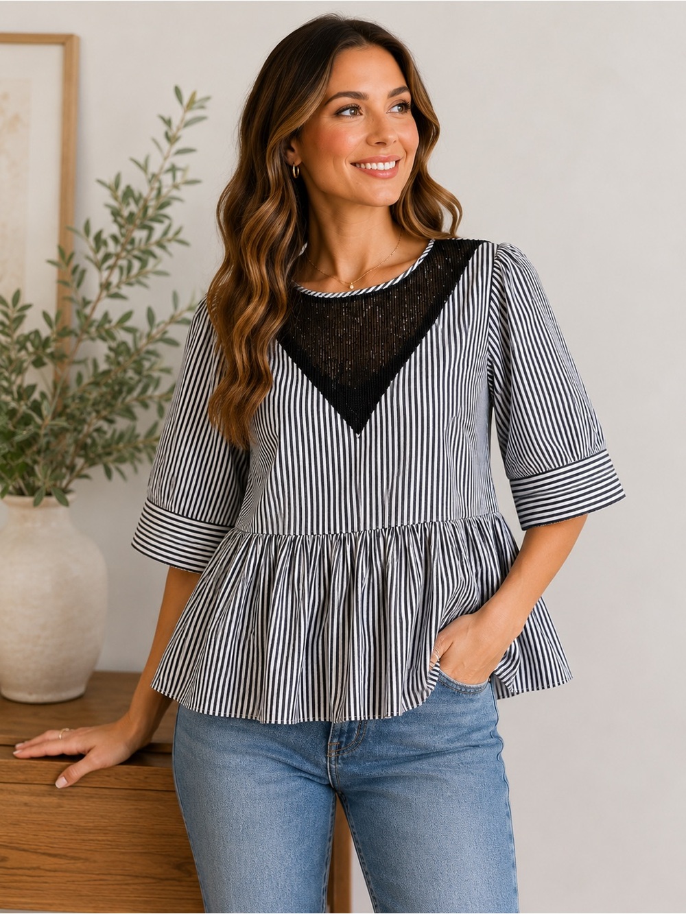 Manoush Paris Navy White Striped Beaded Peplum Top Blouse FR 38 US 6 Cotton